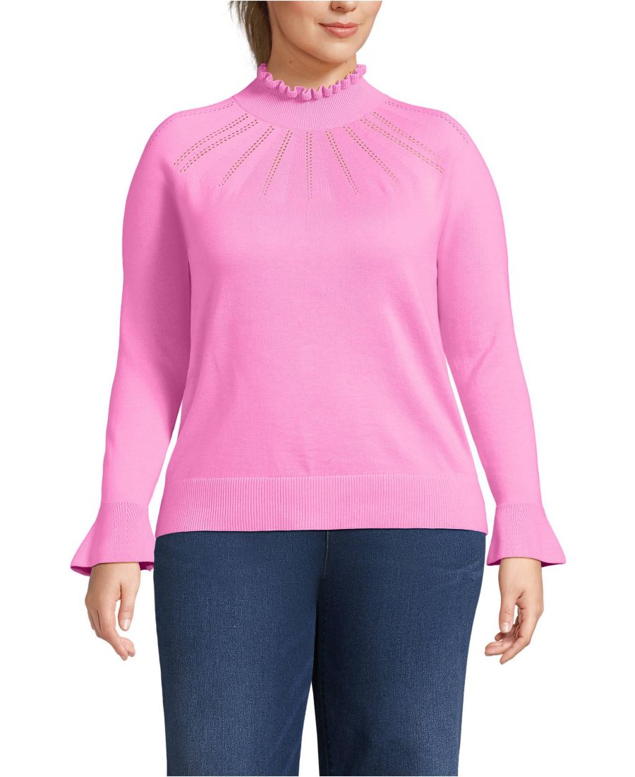 

Женский хлопковый свитер с высоким воротником и ажурной отделкой больших размеров Lands' End, Aster pink