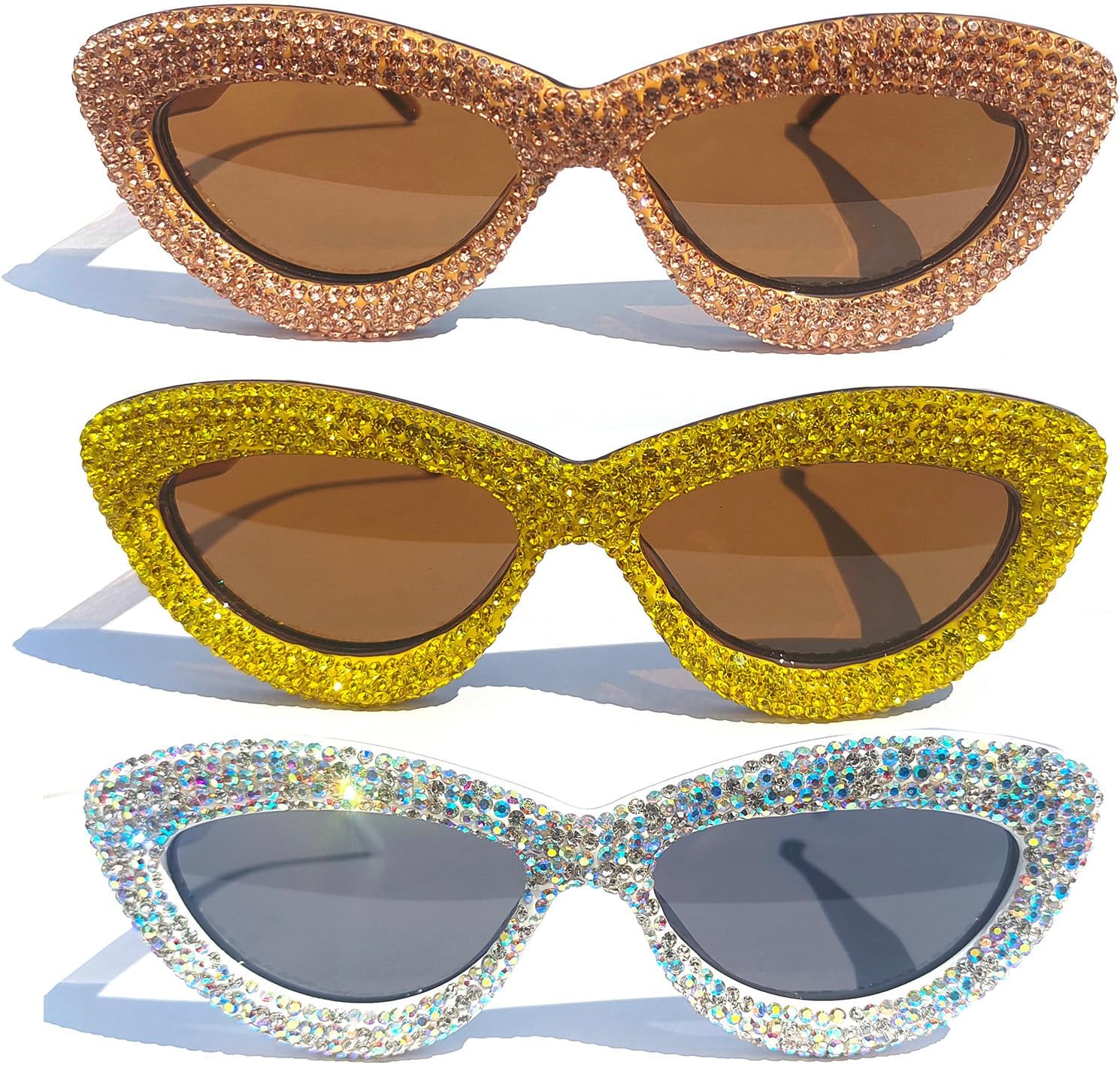 

Солнцезащитные очки Willochra «Кошачий глаз» с блестящими кристаллами для женщин, солнцезащитные очки со стразами, сексуальные очки для вечеринки с бриллиантами и украшениями в виде губ, 3pcs-white&brown&yellow