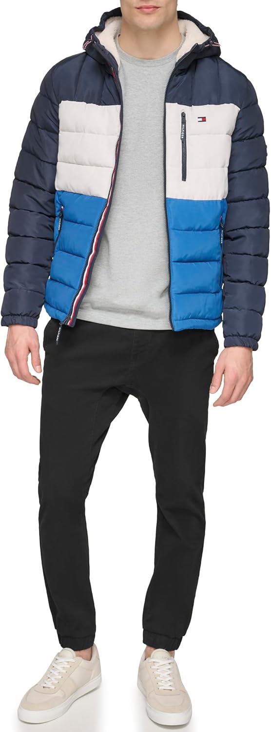 Мужская куртка Tommy Hilfiger средней толщины с подкладкой из шерпы и капюшоном, водонепроницаемая, Blue Combo Tech — фото 2