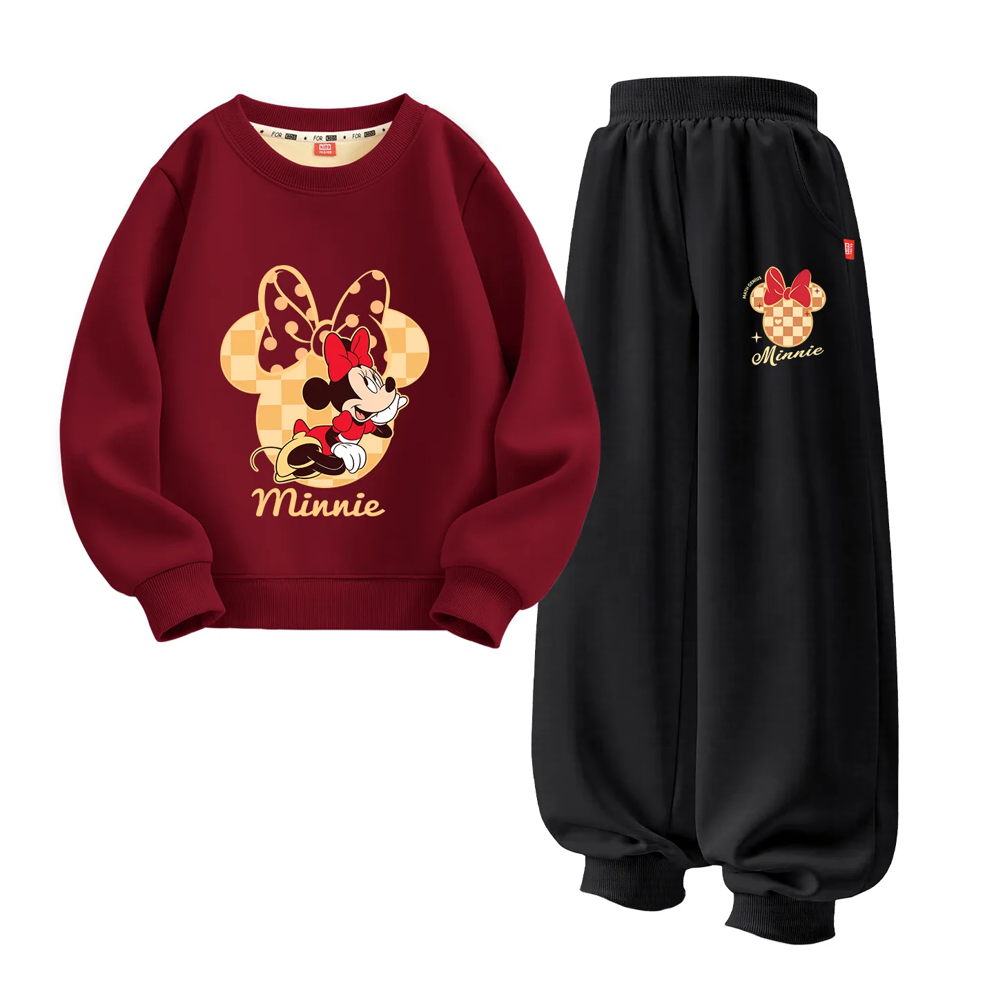 Детский спортивный костюм с круглым вырезом Disney, [Thickened and Fleece-Lined]Di Lie Fu Burgundy+Di Xin Ge Ni K Black