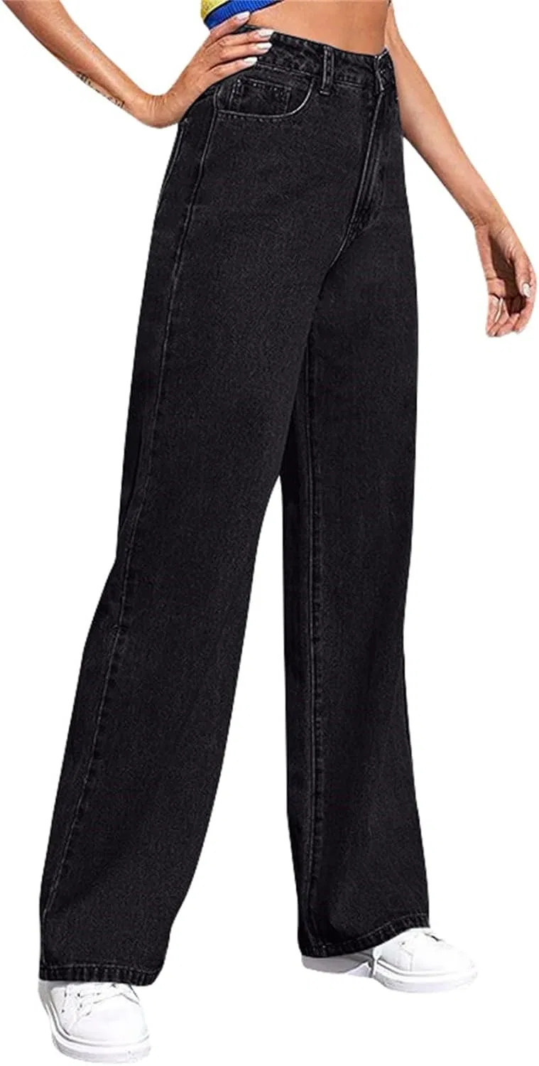 Джинсы прямые свободные Women's Wide Leg Jeans High Waisted Stretchy Straight Leg Trousers Trendy Seamed Front Loose Denim Pants, Black