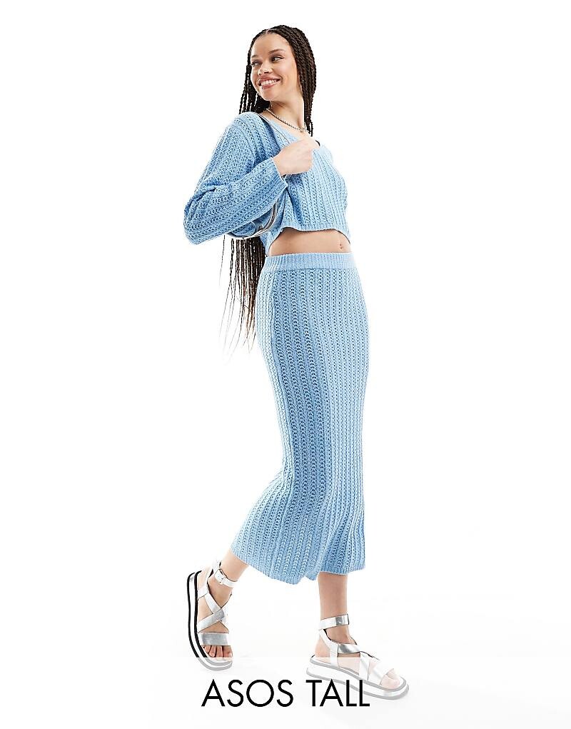 

ASOS DESIGN Tall – Синяя трикотажная юбка миди с крупной сетчатой ​​структурой, коорд