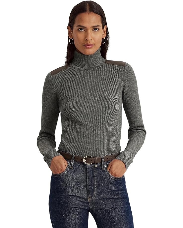 

Свитер LAUREN Ralph Lauren Faux Leather-Trim Ribbed Turtleneck, цвет Modern Grey Heather