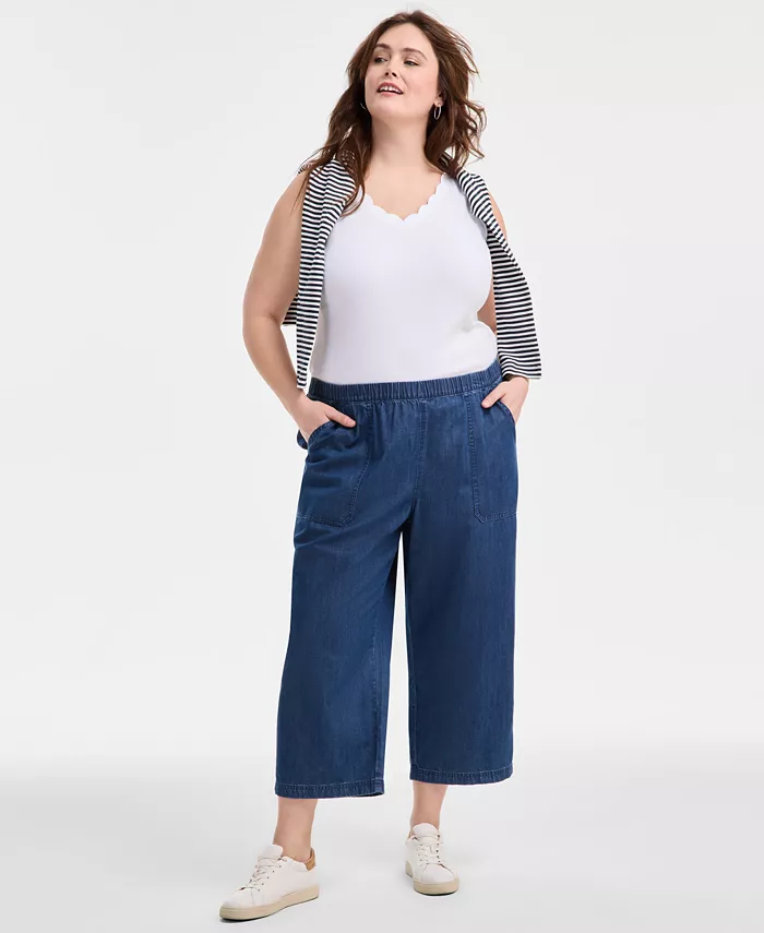

Широкоразмерные укороченные брюки из шамбре на резинке Style & Co, синий