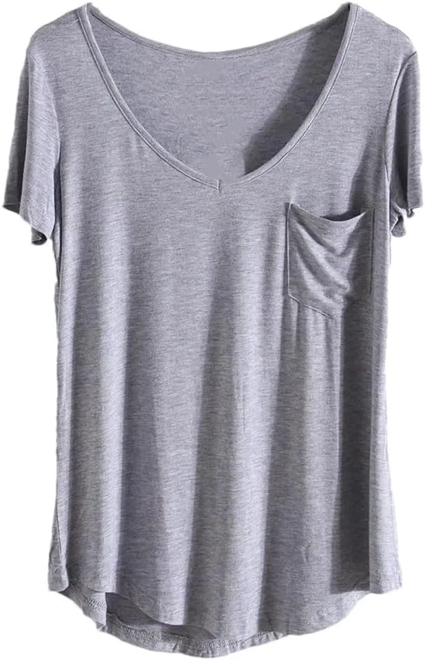 

Женская футболка с V-вырезом, карманом и коротким рукавом, цвета Black/Gray/White/Beige