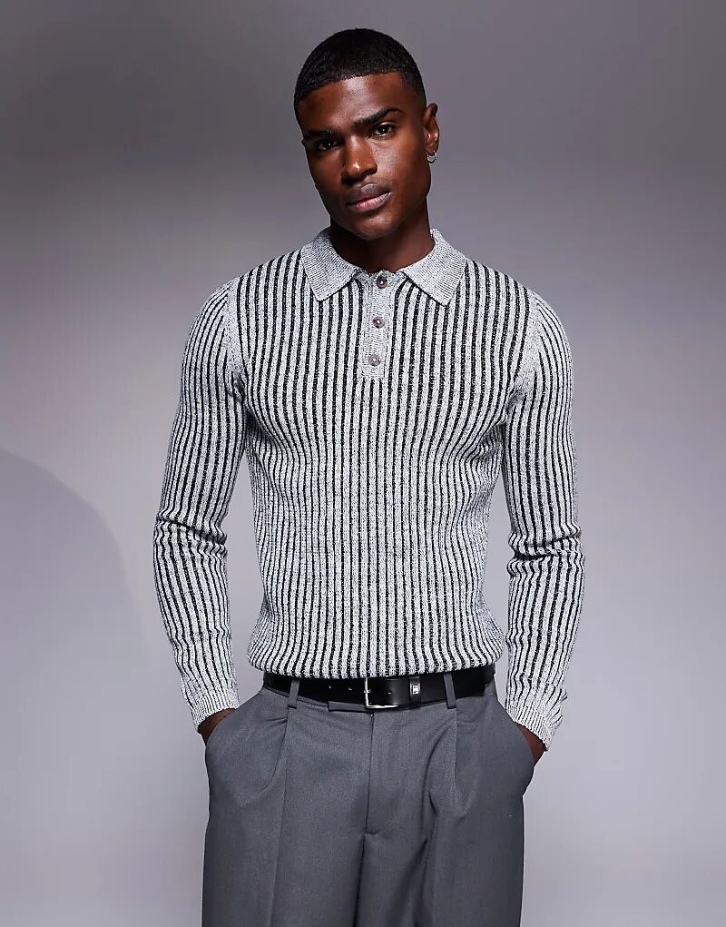 

Поло ASOS DESIGN облегающего кроя с отделкой в ​​рубчик серого цвета