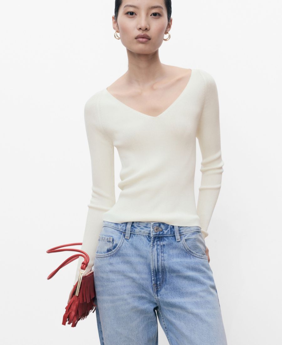 

Женский трикотажный свитер с V-образным вырезом в рубчик MANGO, Ecru