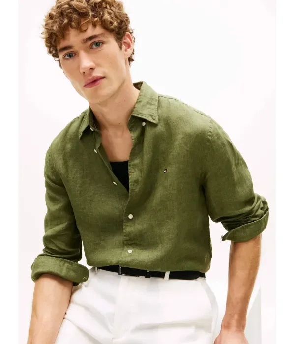 Льняная рубашка regular fit Tommy Hilfiger, хаки — фото 4