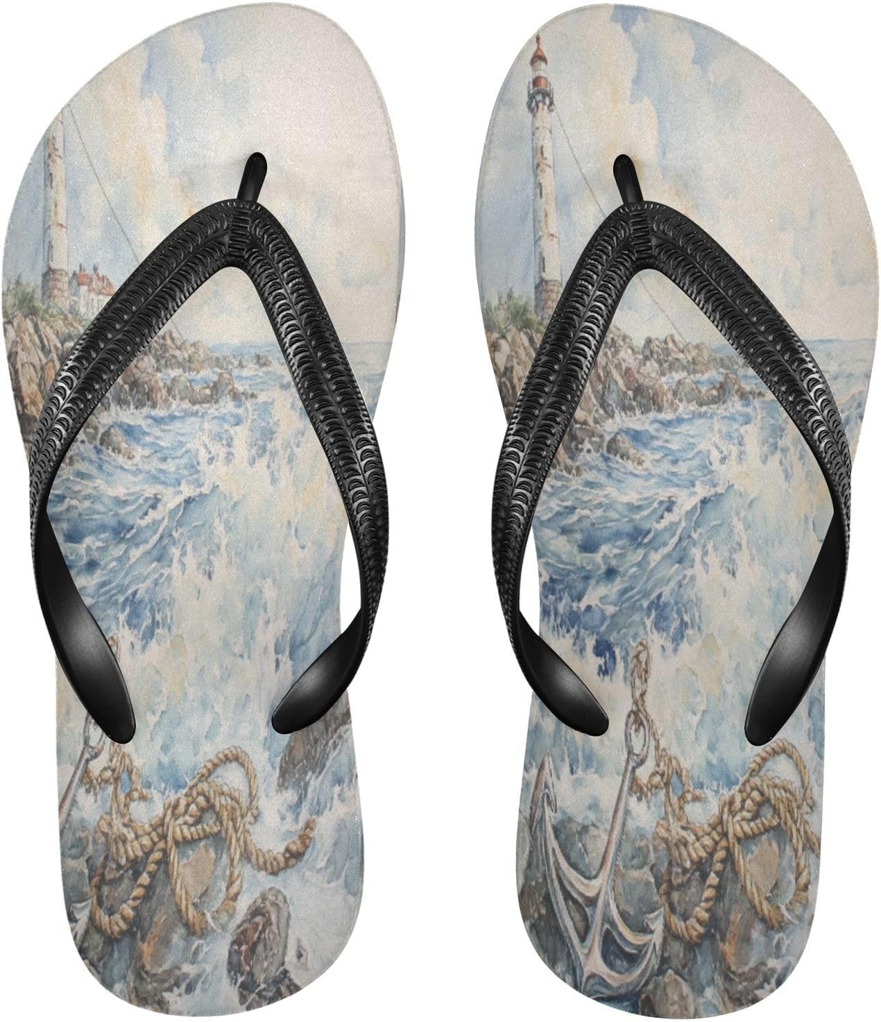 

Мужские и женские пляжные шлепанцы с морской темой, якорем и маяком, резиновые, нескользящие, летние тапочки для душа Sinestour, Lighthouse Anchor Ocean Wave