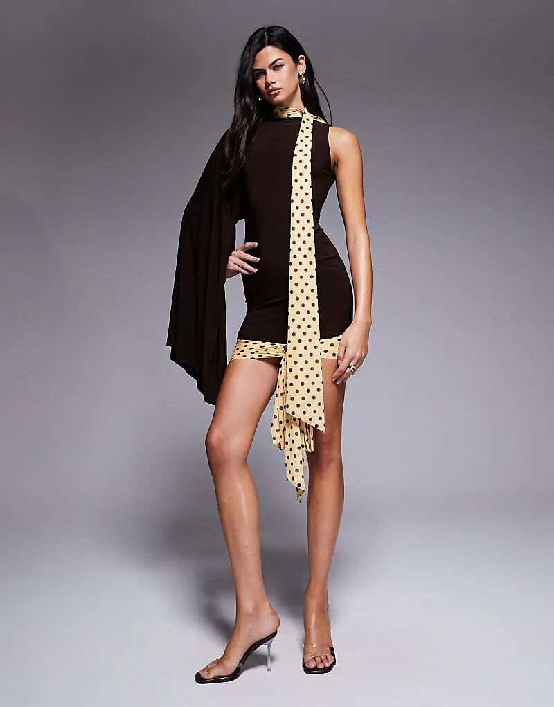 

Мини-платье ASOS DESIGN с одним рукавом, драпировкой и завязкой-шарфом шоколадного цвета