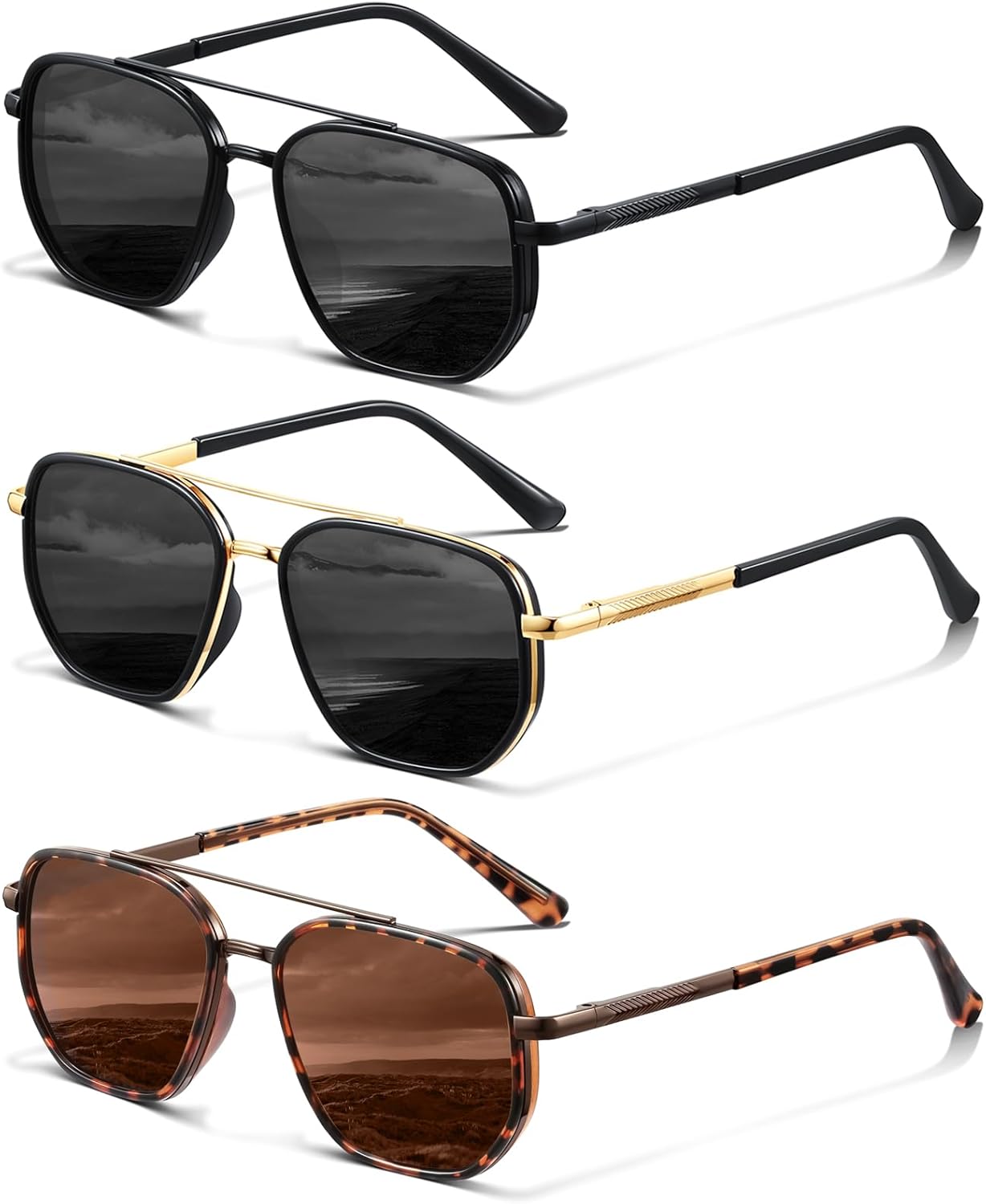 

Поляризованные солнцезащитные очки-авиаторы KUGUAOK для женщин и мужчин, модные, с защитой от УФ-излучения, не спутываются, винтажные, стильные, 3pcs-black+black Gold+leopard