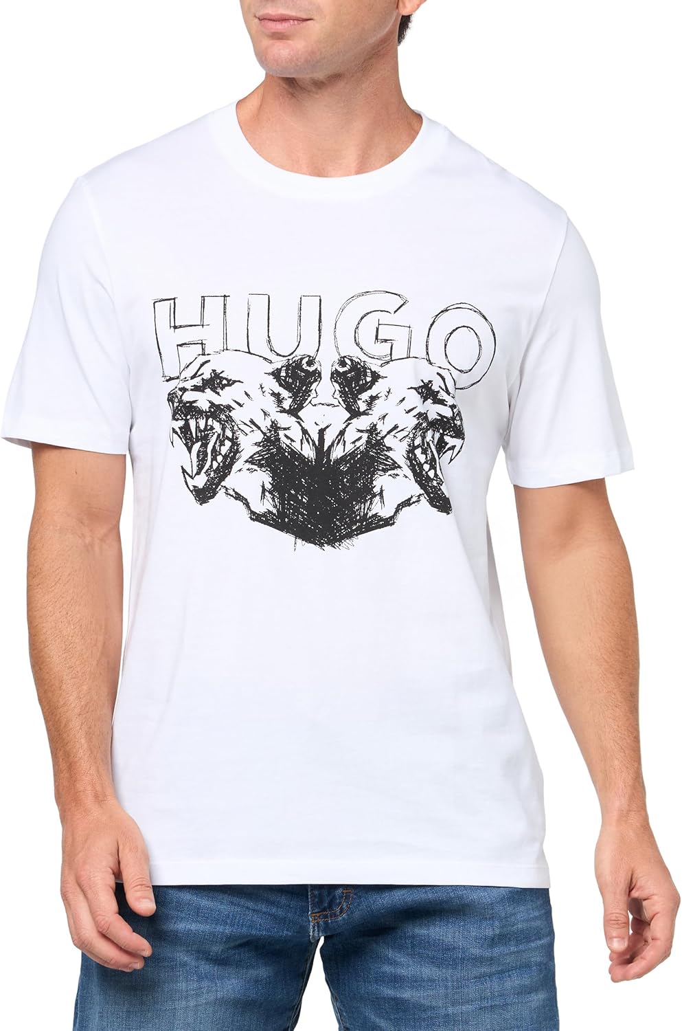 

Футболка HUGO Mens с большим логотипом и изображением волка, White Cream, Белый, Футболка HUGO Mens с большим логотипом и изображением волка, White Cream
