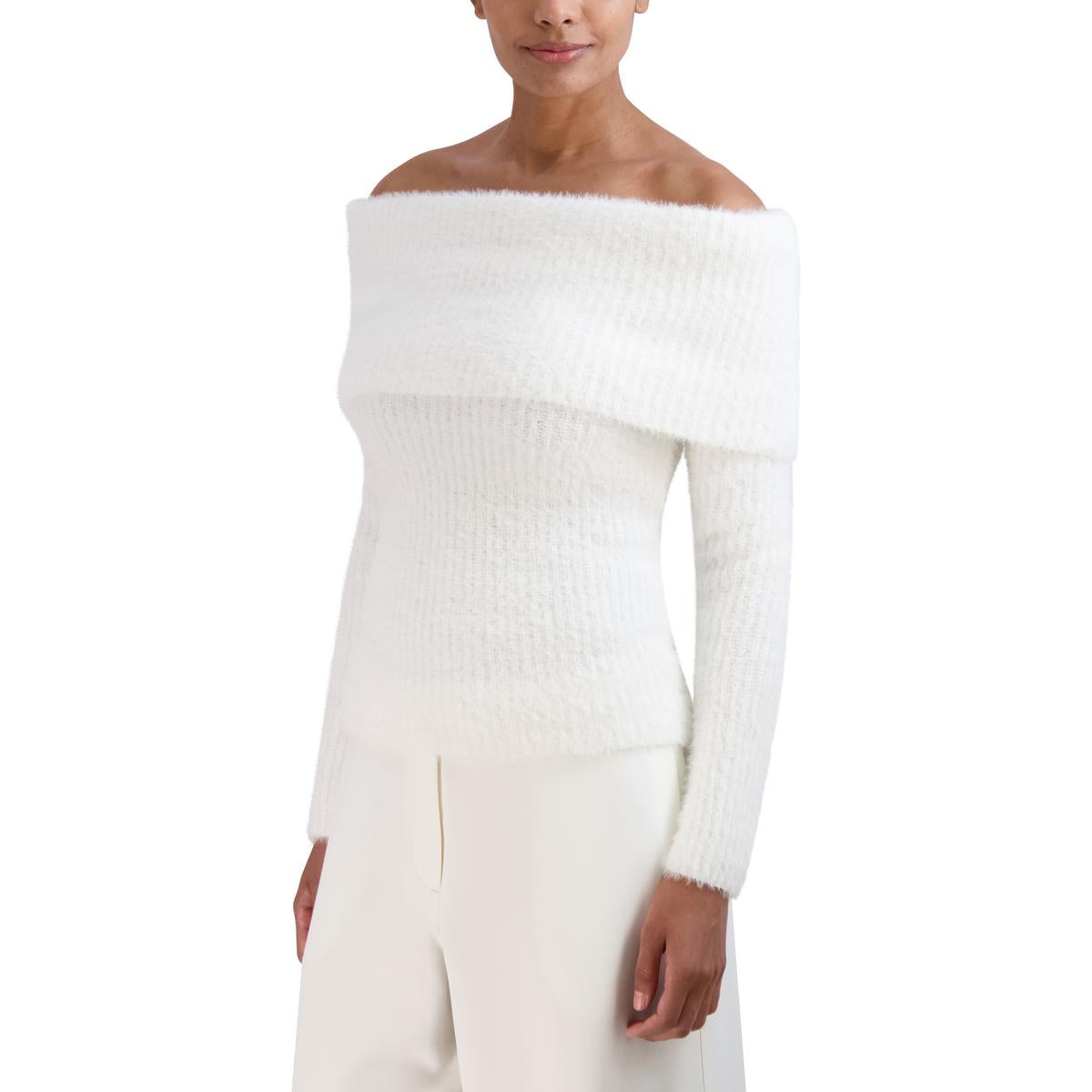 

Женский ребристый свитер с открытыми плечами BCBGMAXAZRIA, цвет gardenia