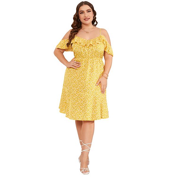 

Платье с цветочным принтом и холодным плечом Plus size Seoria, Yellow