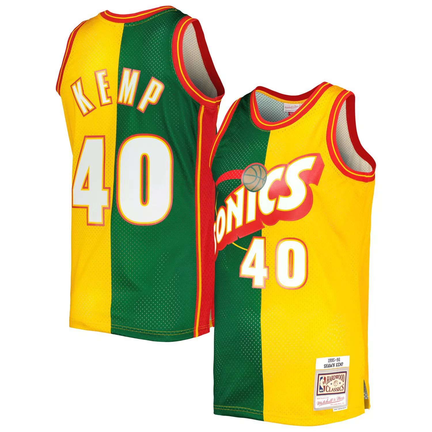 

Мужская майка Mitchell & Ness Shawn Kemp зелено-золотая Seattle SuperSonics Hardwood Classics 1995-96 Split Swingman, Зеленый, Мужская майка Mitchell & Ness Shawn Kemp зелено-золотая Seattle SuperSonics Hardwood Classics 1995-96 Split Swingman