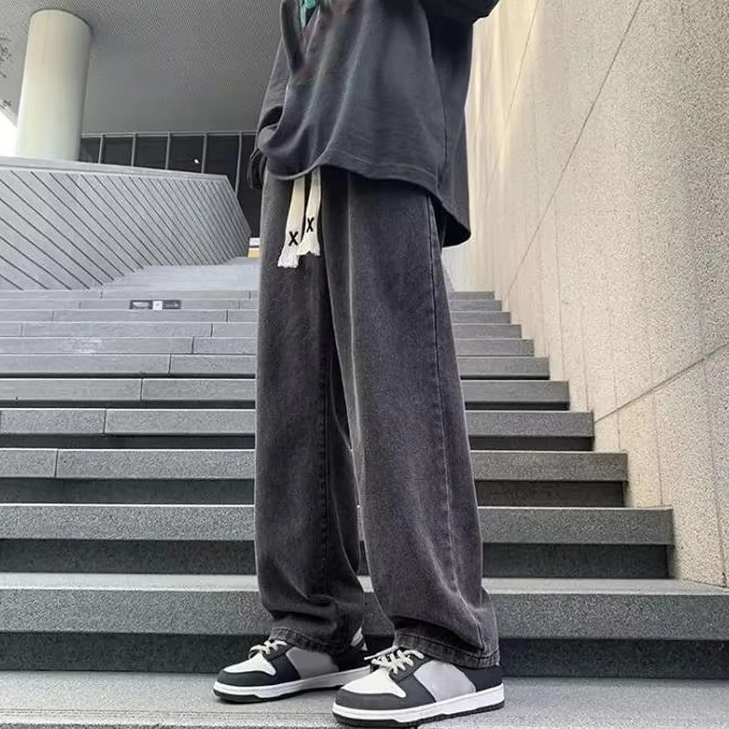 Джинсы свободного кроя, Y2K, Hip Hop, с эластичным поясом, Black Gray — фото 3