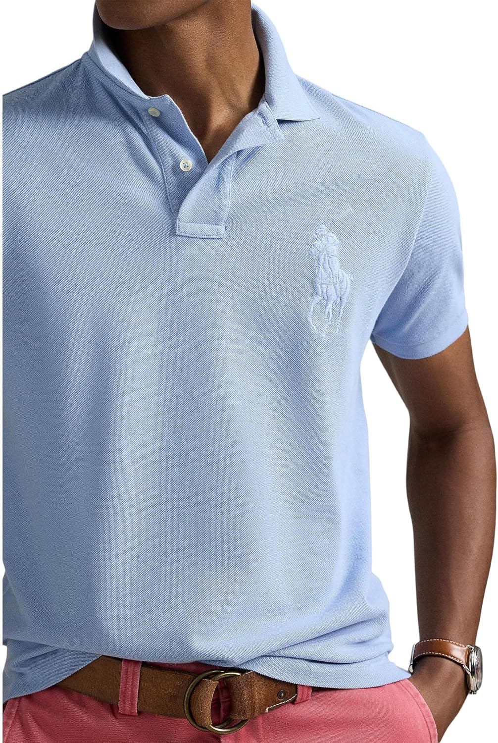 POLO RALPH LAUREN Мужская поло Custom Slim Fit Big Pony Mesh, Chambray Blue — фото 3