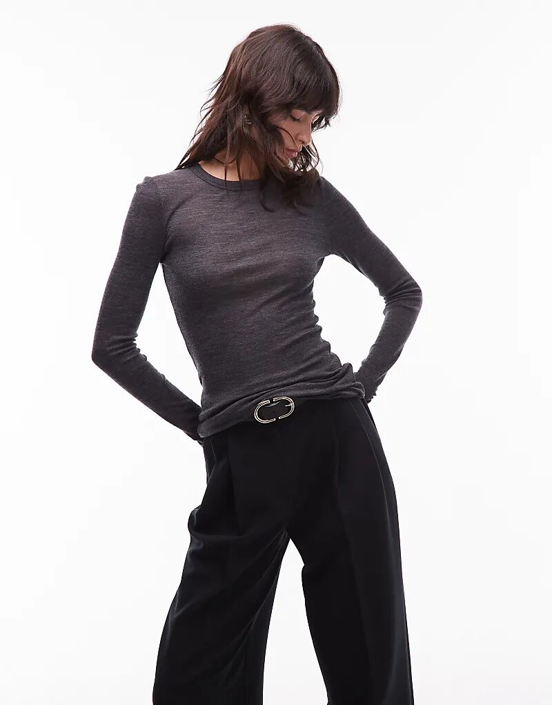 

Трикотажный полупрозрачный топ ARKET из мериносовой шерсти с длинными рукавами темно-серого цвета