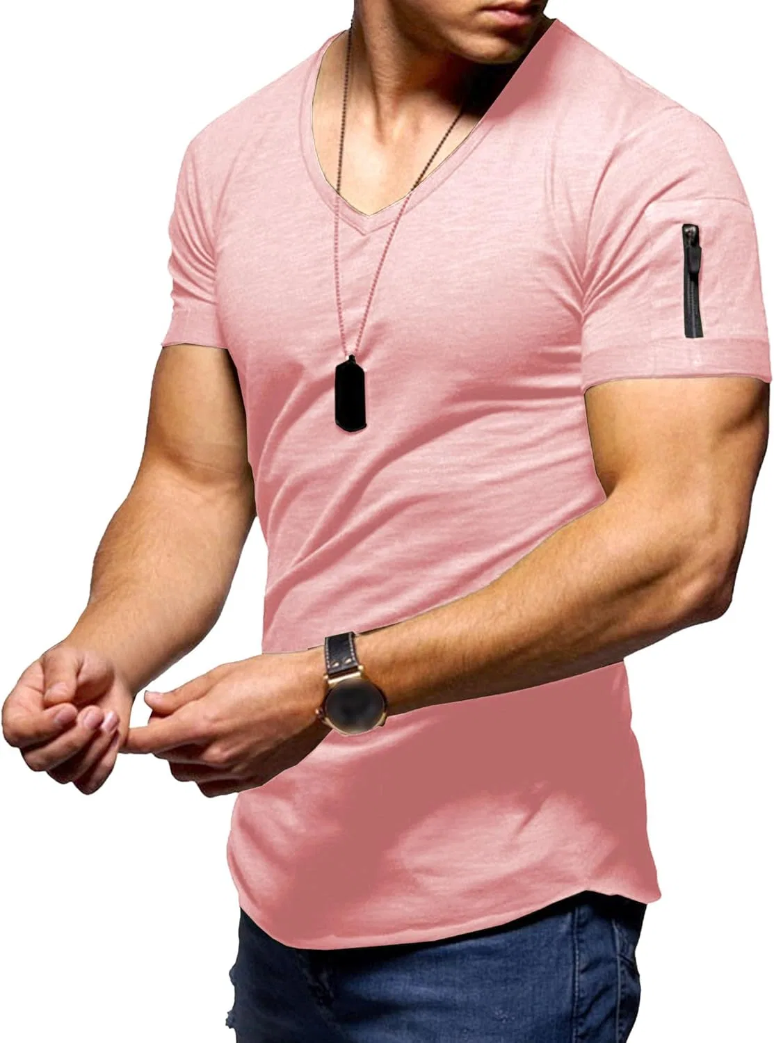 Футболка с V-образным вырезом, с карманом на рукаве, Light Pink, S-5XL