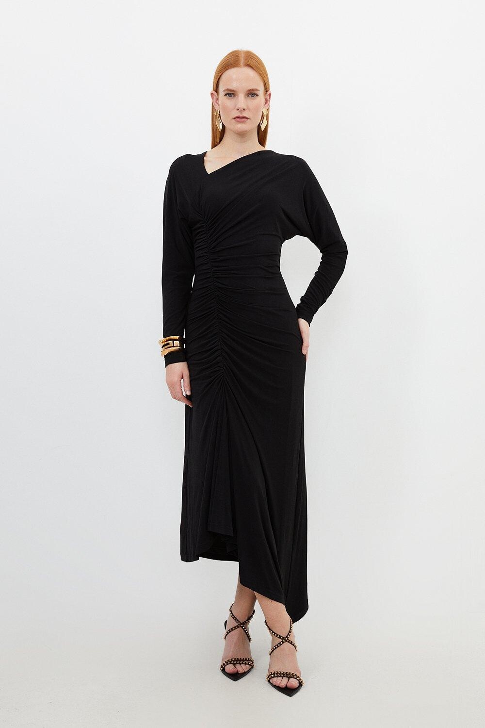 

Платье макси из крепа из джерси со сборками и длинными рукавами Karen Millen, черный