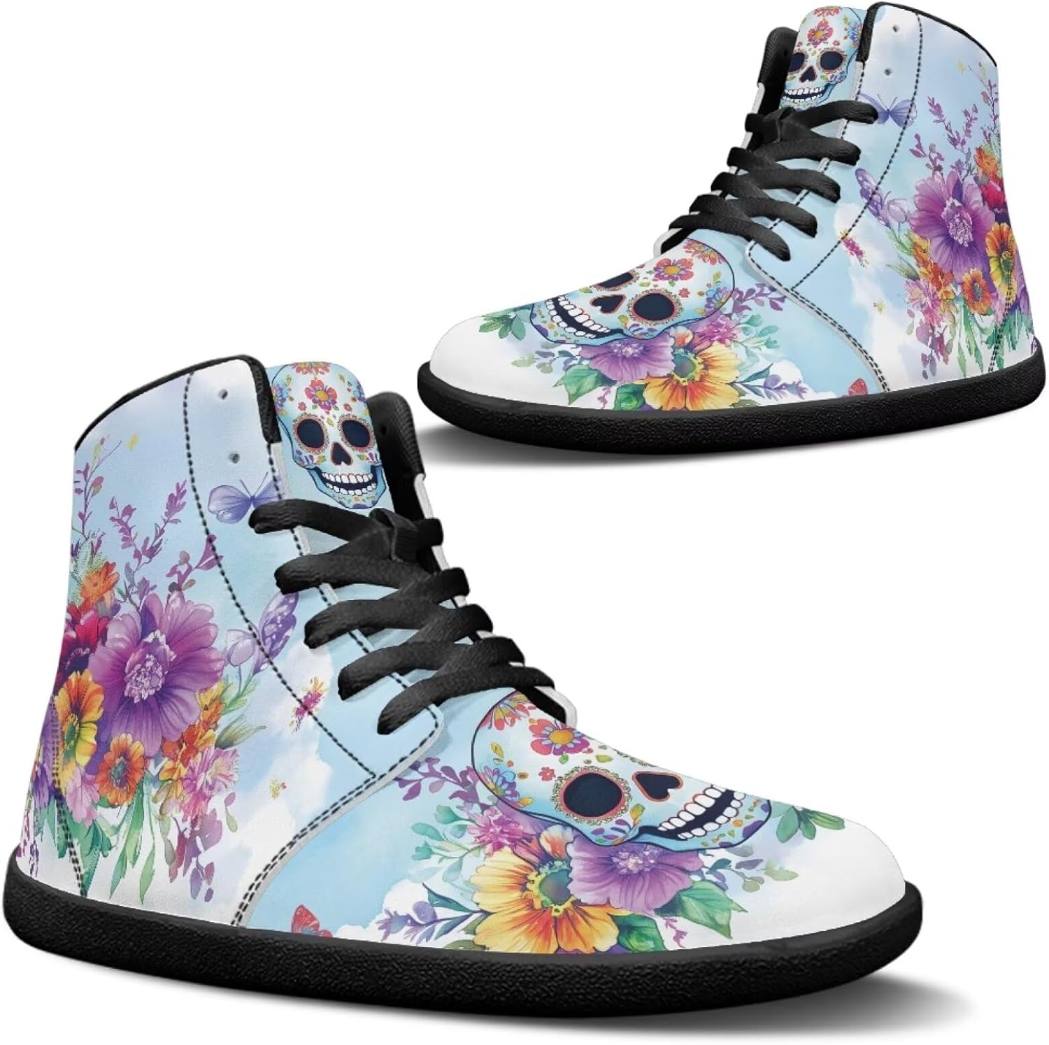 

Кроссовки Jeiento Skull High Top для мужчин с эффектом босоного бега, дышащие, Sugar Skull Butterfly Floral