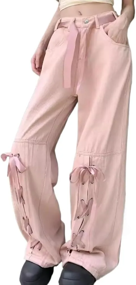 

Женские джинсы с бантами Pink Kawaii, широкие, high waisted RSGMU