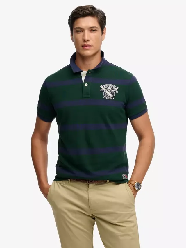 Хлопковая поло-рубашка с коротким рукавом Crest Stripe, зелено-синяя в полоску Superdry