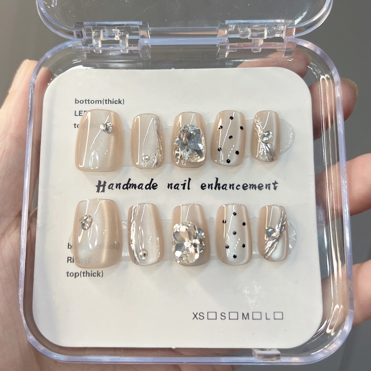 Искусственные ногти средней длины Gilded Polka Dot Coquette Style с кристаллами, телесный оттенок, 24 мм ORANOT, Long Ladder Xs, Suitable For Small Hands[Includes Storage Box]14-10-11-10-7 — фото 3