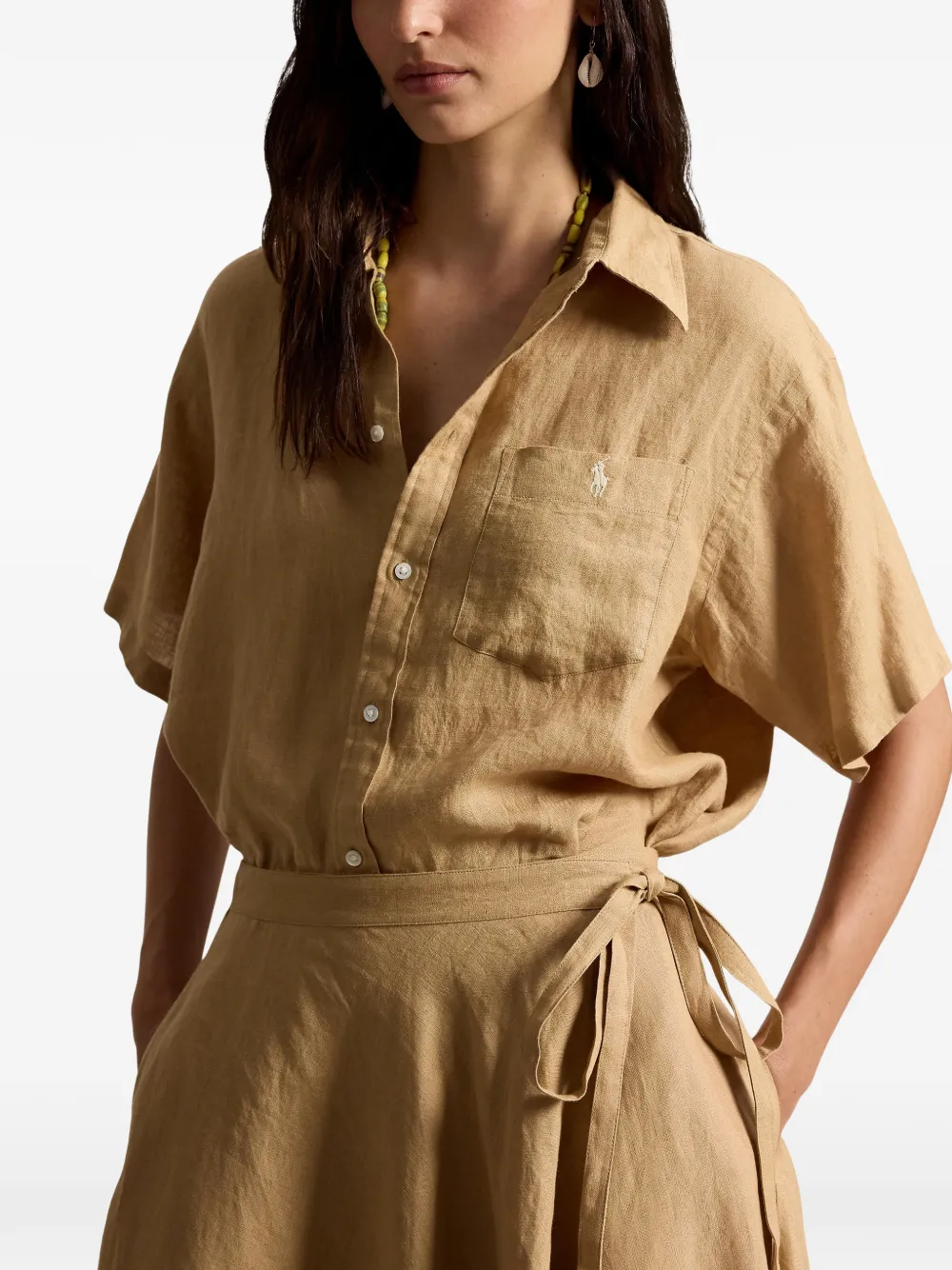 Льняная рубашка с накладными карманами Polo Ralph Lauren, бежевый — фото 4