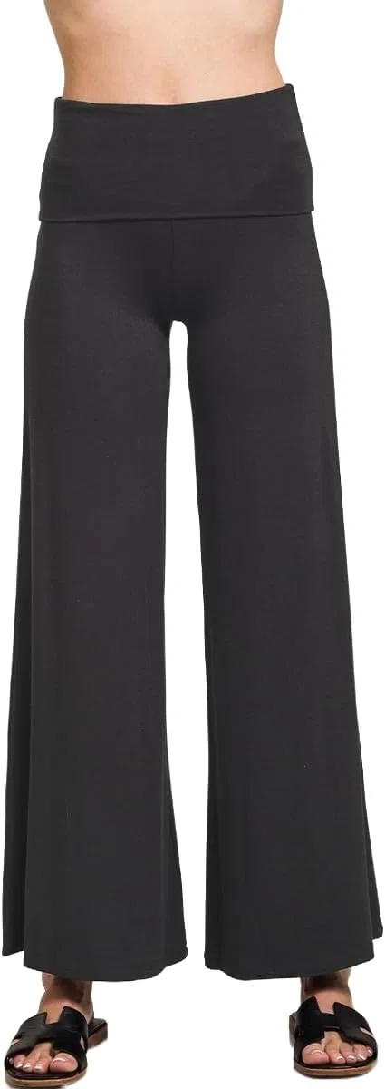 Широкие брюки с завышенной талией и отворотом, Composition: 95% rayon, 5% spandex, Black