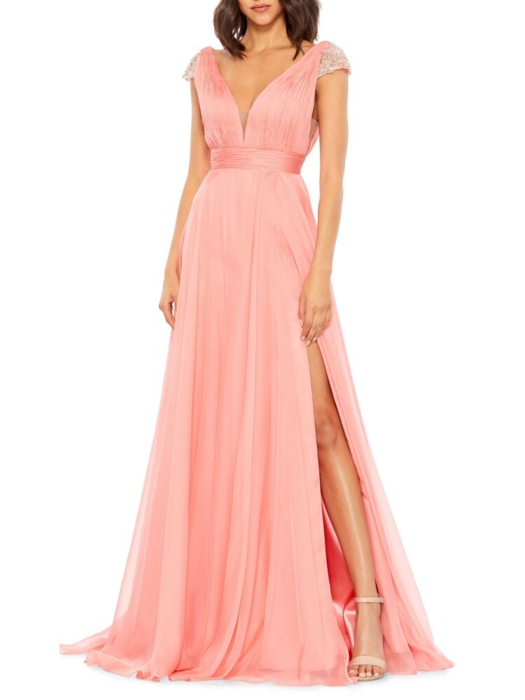 

Шифоновое платье А-силуэта с короткими рукавами Mac Duggal, коралл