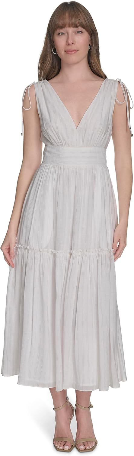 

Женское платье миди Tommy Hilfiger без рукавов с V-образным вырезом и завязкой, Ivory