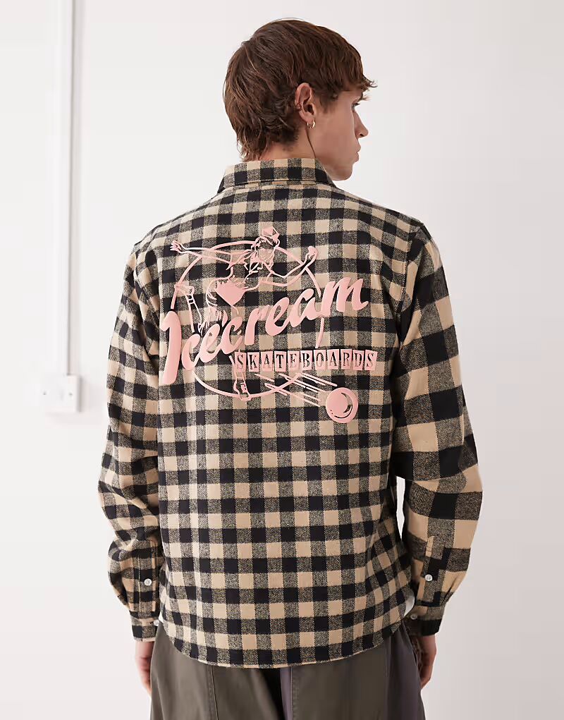 

Рубашка с длинными рукавами в клетку бежевого и черного цветов с принтом на спине Icecream