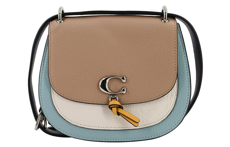 

COACH Кожаная седельная сумка Реми через плечо женская цвета хаки и белый небесно-голубой