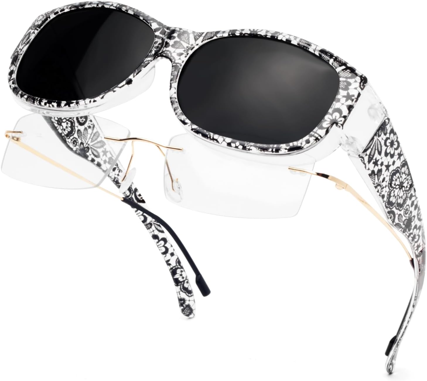 

Солнцезащитные очки с поляризованным покрытием, надеваемые поверх обычных очков, женские солнцезащитные очки с защитой от УФ-излучения, легкие Face Shadow, M Black Lace Frame / Grey Lens