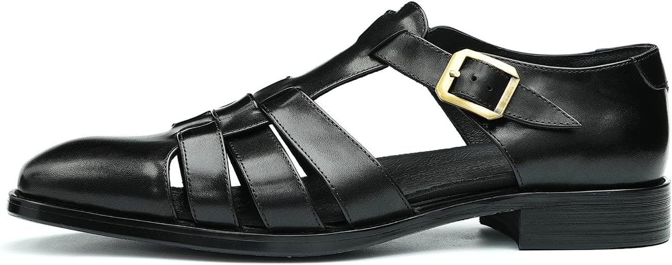 Сандалии Santimon Mens из кожи для мужчин - повседневная обувь, стильные модные летние сандалии-рыбаки с регулировкой пряжки и дышащие, для бизнеса, черный — фото 2