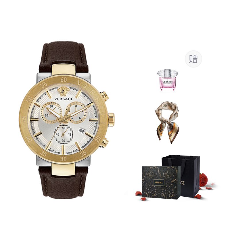 

VERSACE Часы Wrist Watch Quartz Movement Stainless Steel Watchband 43 Black Dial Men's Watch Purple Rose Box+Silk Scarf, White Gold