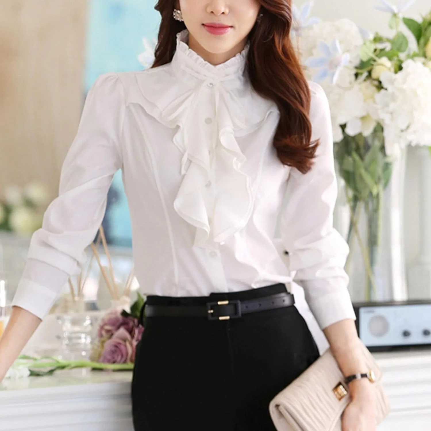 Блуза с воротником-стойкой, 4-way stretch, Korean Trend Stand Collar Shirt, белый — фото 2
