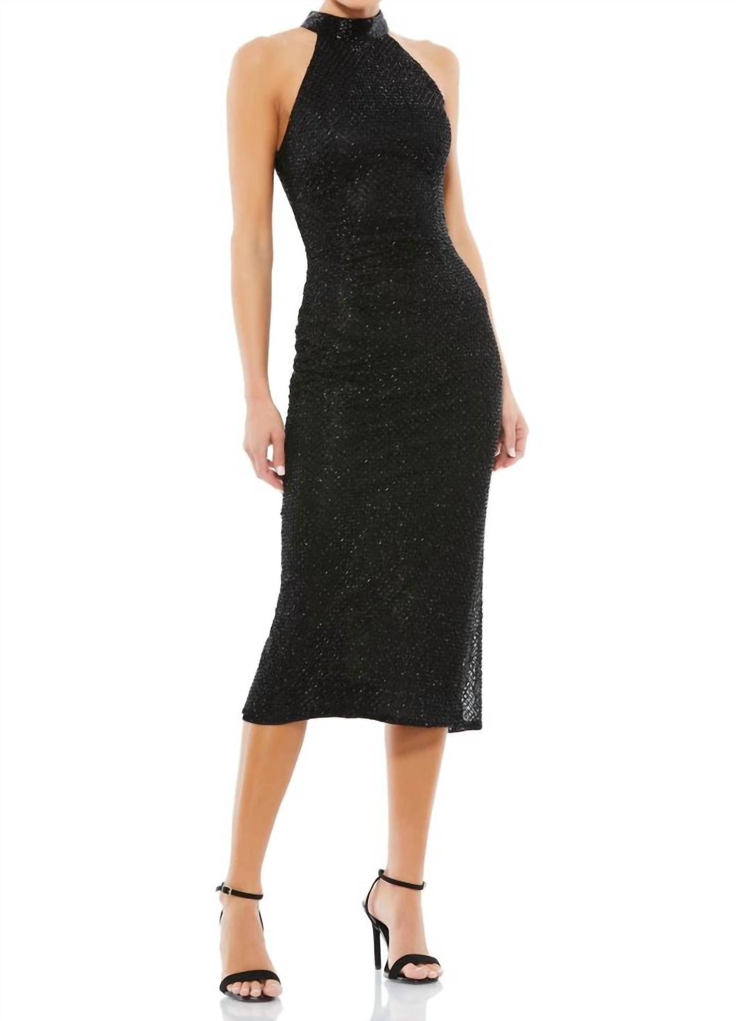 

Черное платье-миди с высоким воротом на бретелях и без рукавов Mac Duggal