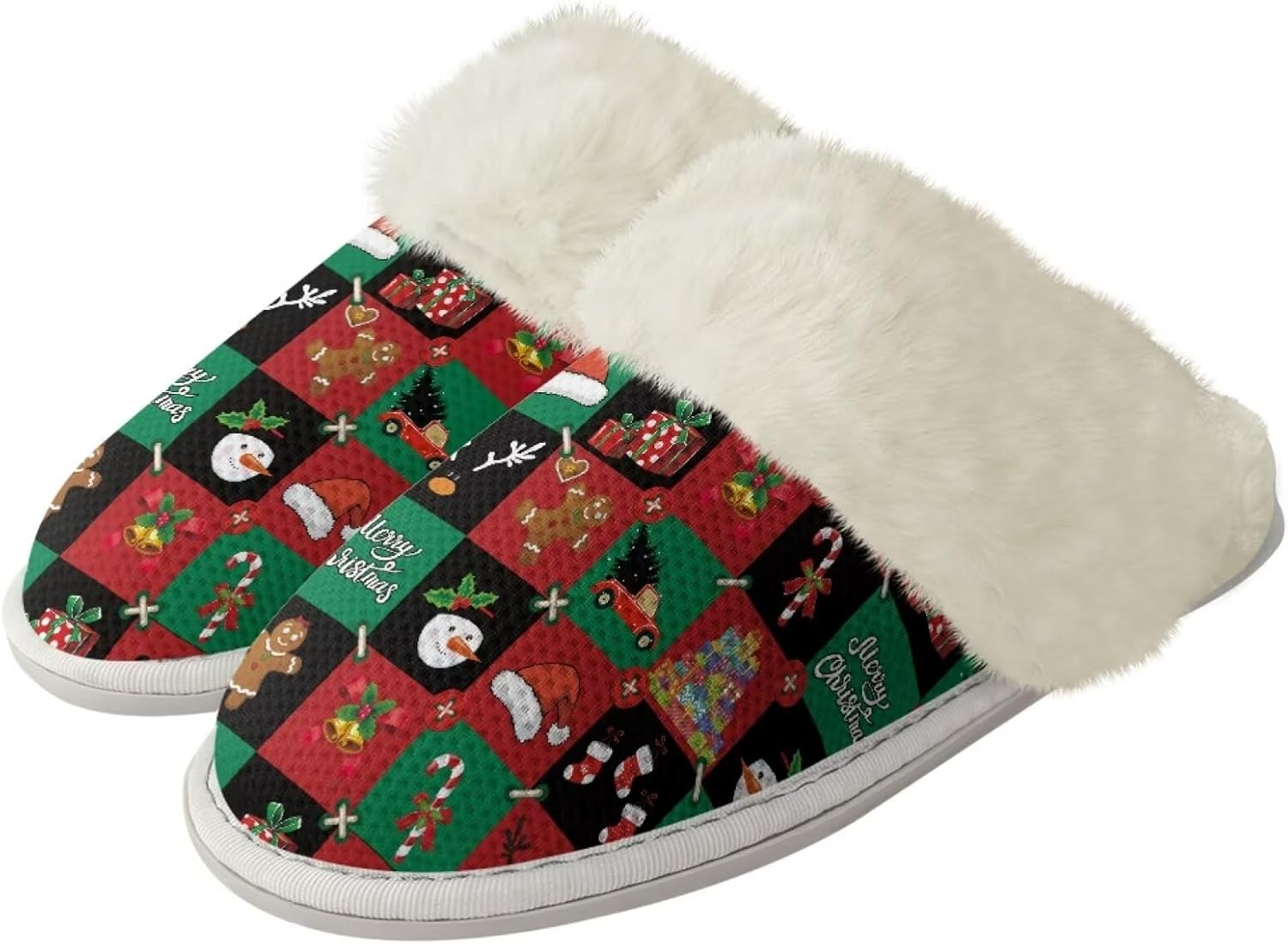 

Мягкие тапочки для женщин и мужчин, плюшевые теплые тапочки, уютные домашние тапочки для спальни с пушистым воротником Jiquruby, Christmas Pattern