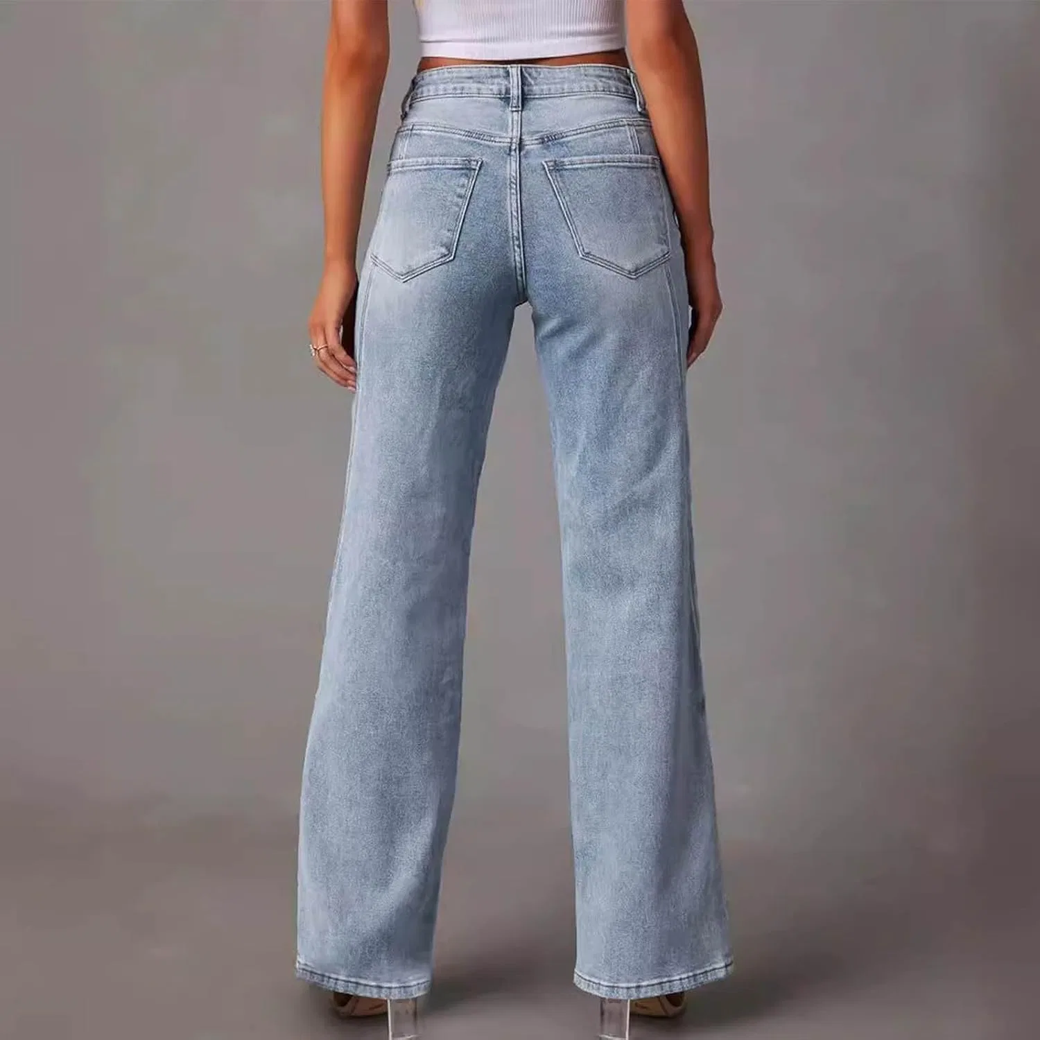 Джинсы с высокой талией, прямые, свободные, Womens Jeans, синие — фото 4