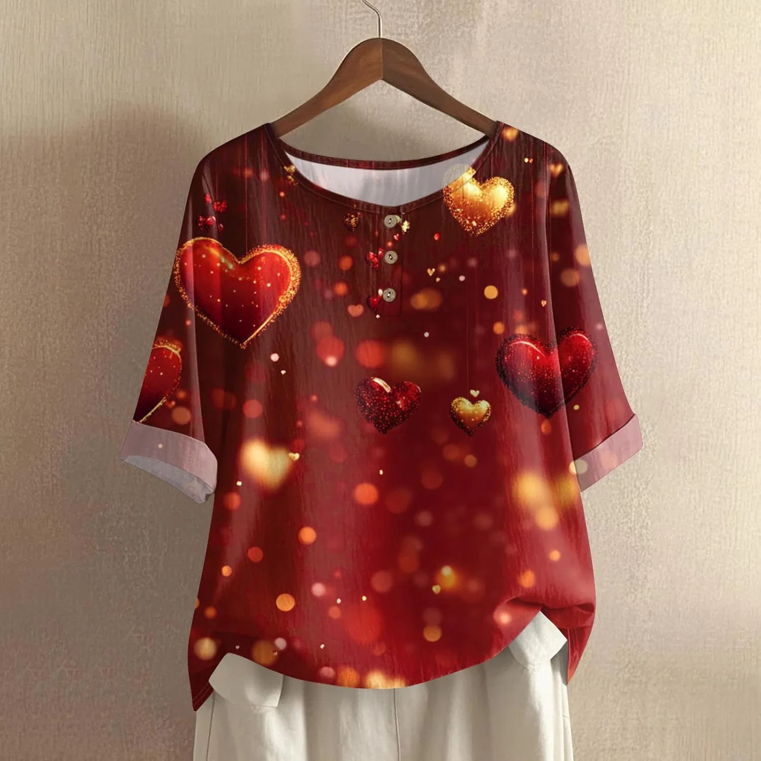 Женская футболка с принтом, Valentine's Day, Cotton Linen, 2-deep Red — фото 2