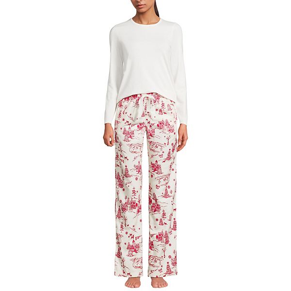 

Женский комплект: трикотажный топ с длинным рукавом и пижамные брюки из фланели Lands' End, Ivory Red Village