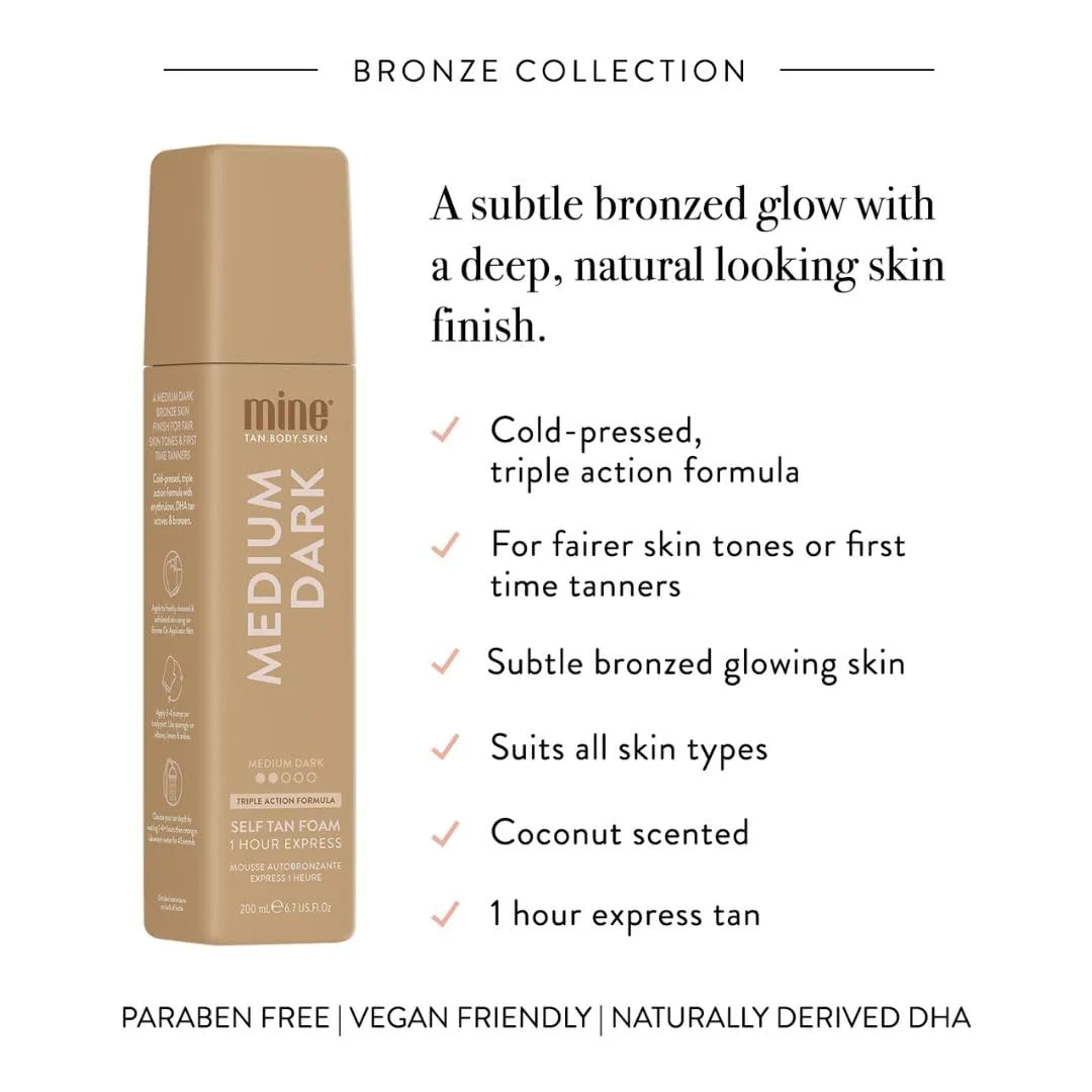 MineTan Medium Dark Self Tanning Foam, Bronze Collection, мусс для автозагара, 1 час, для лица и тела, увлажняющая формула, аромат кокоса, 200 мл 198 мл (1 шт.) Minetan Body.Skin, Medium Dark — фото 3