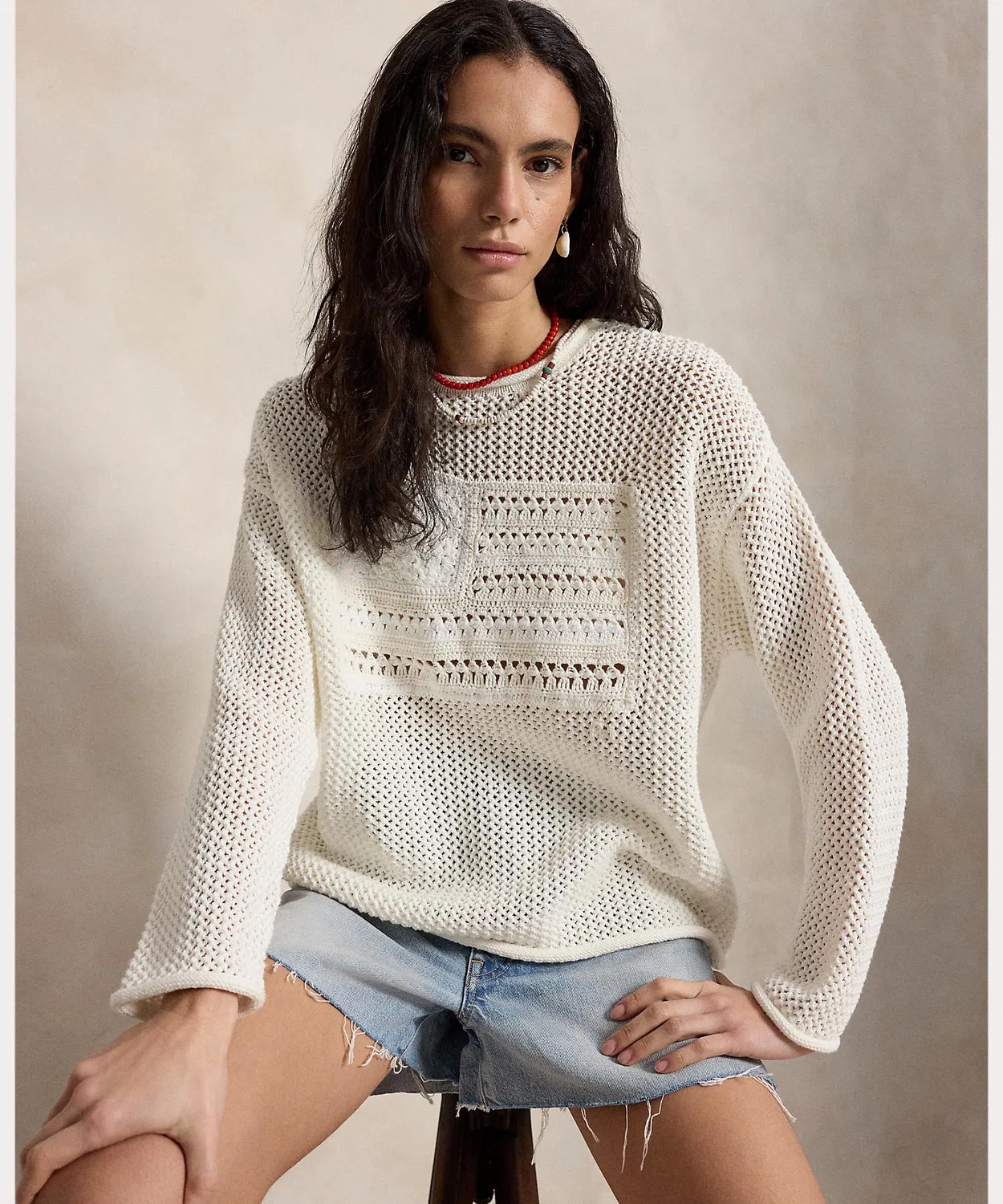 Свитер из хлопка с флагом США и монограммой Polo Ralph Lauren, белый