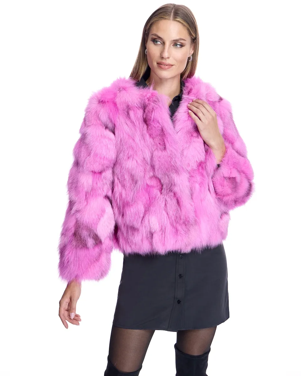 

Женская меховая куртка с лоскутным мехом из лисы без воротника Maximilian, фуксия
