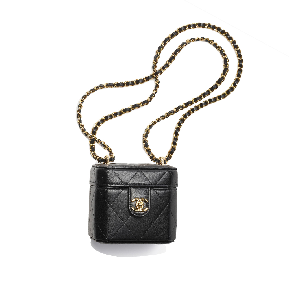 

CHANEL Сумка-коробка для макияжа из овчины, квадратная, через плечо, женская, черная, Trumpets