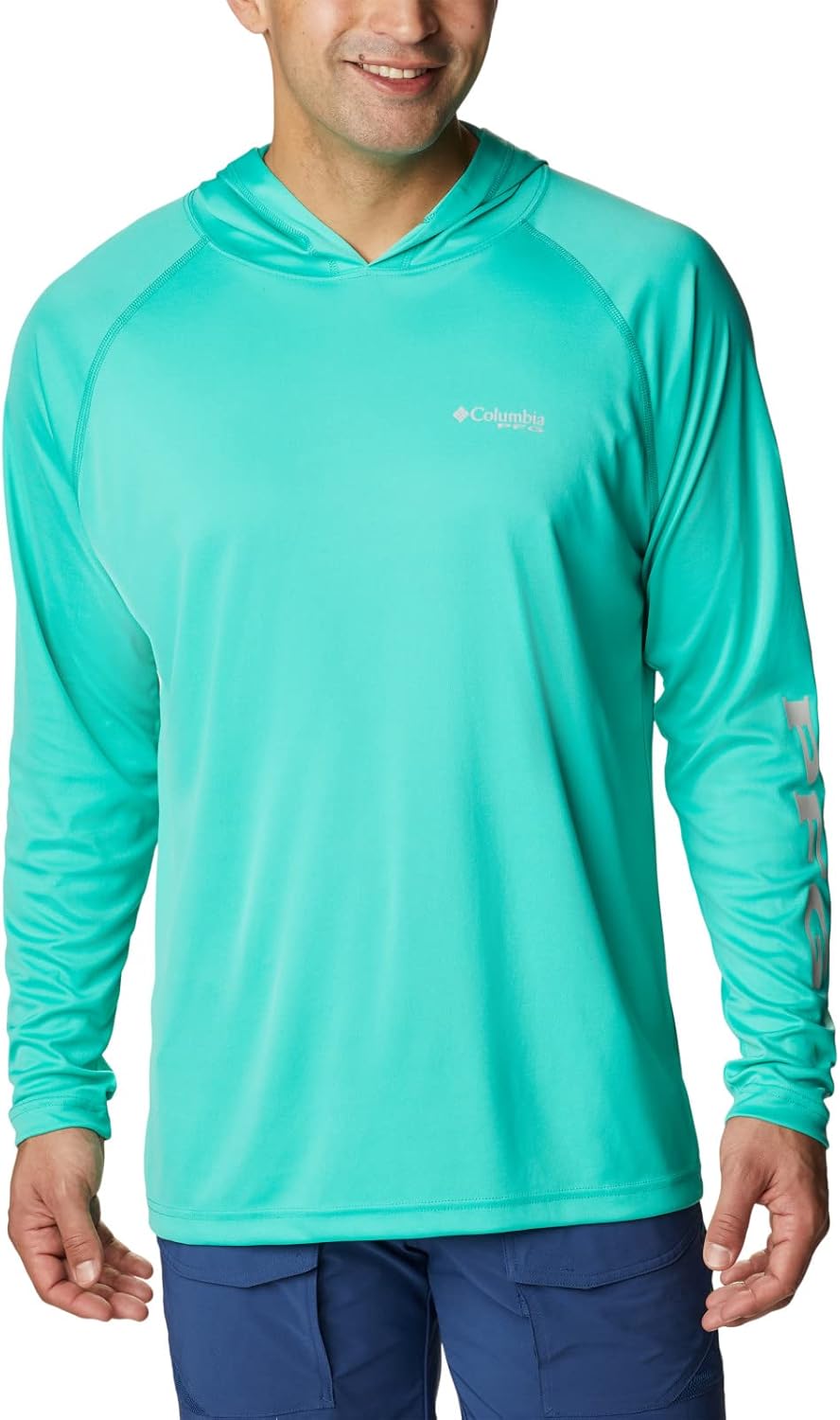 

Терминал такл сан худи для мужчин Columbia, влагоотводящий, Electric Turquoise/Cool Grey Logo