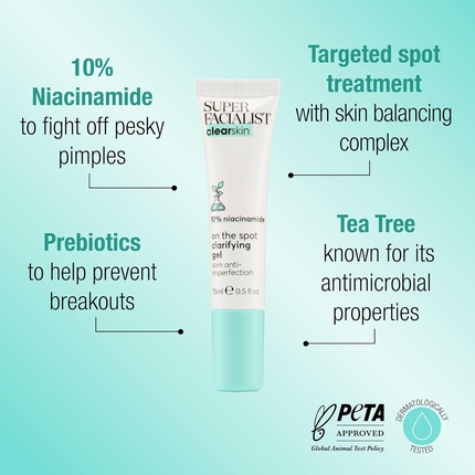 Крем для лица Super Facialist — On The Spot Clarifying Gel Лечение акне с % ниацинамидом Масло чайного дерева Пребиотики, 15 мл — фото 2