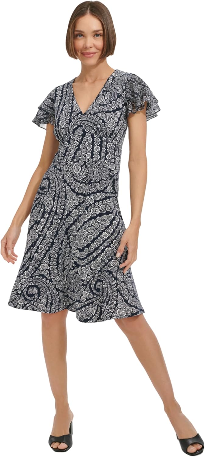 

Женское шифоновое платье Tommy Hilfiger длиной до колена с рукавами-крылышками и V-образным вырезом, Sky Captain/Ivory